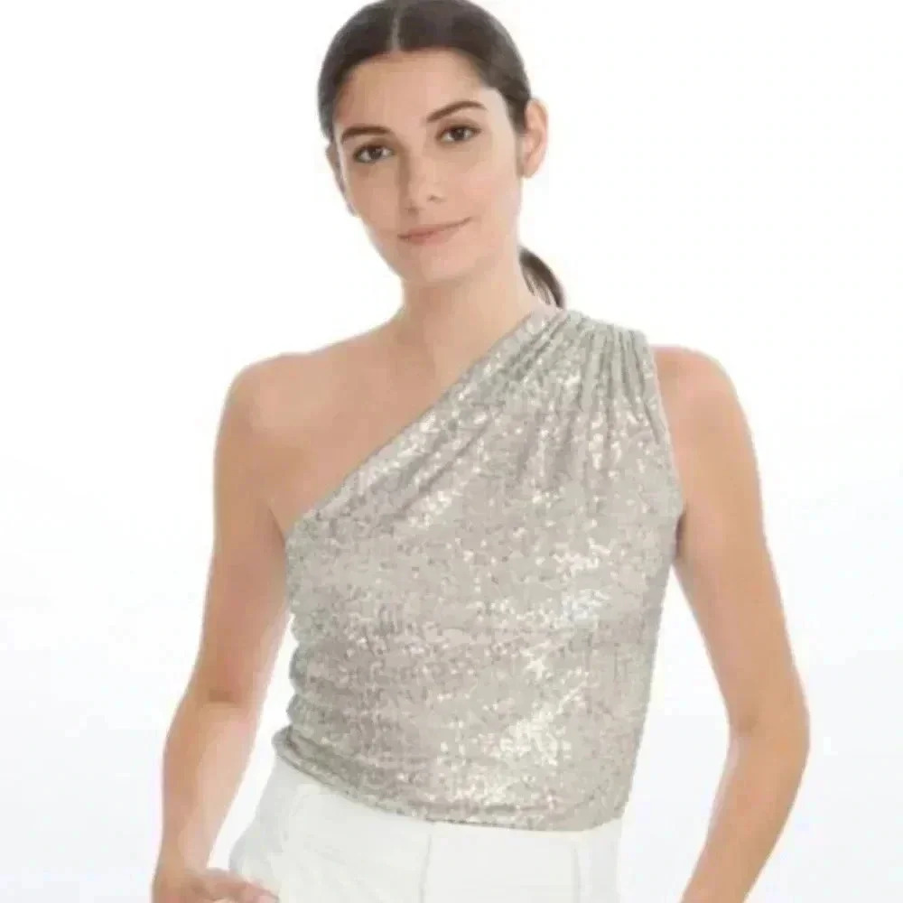 NWT Generation Love Tina Sequin One Shoulder Top Argento Silver S